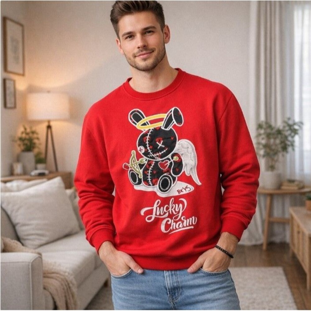 BKYS Lucky Charm Sweatshirt Mens L Red Embroidered Textured Graphic